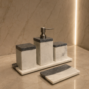 White & Grey Marble Bathroom Accessories Set – Luxury 4 Piece Bathroom Decor Set